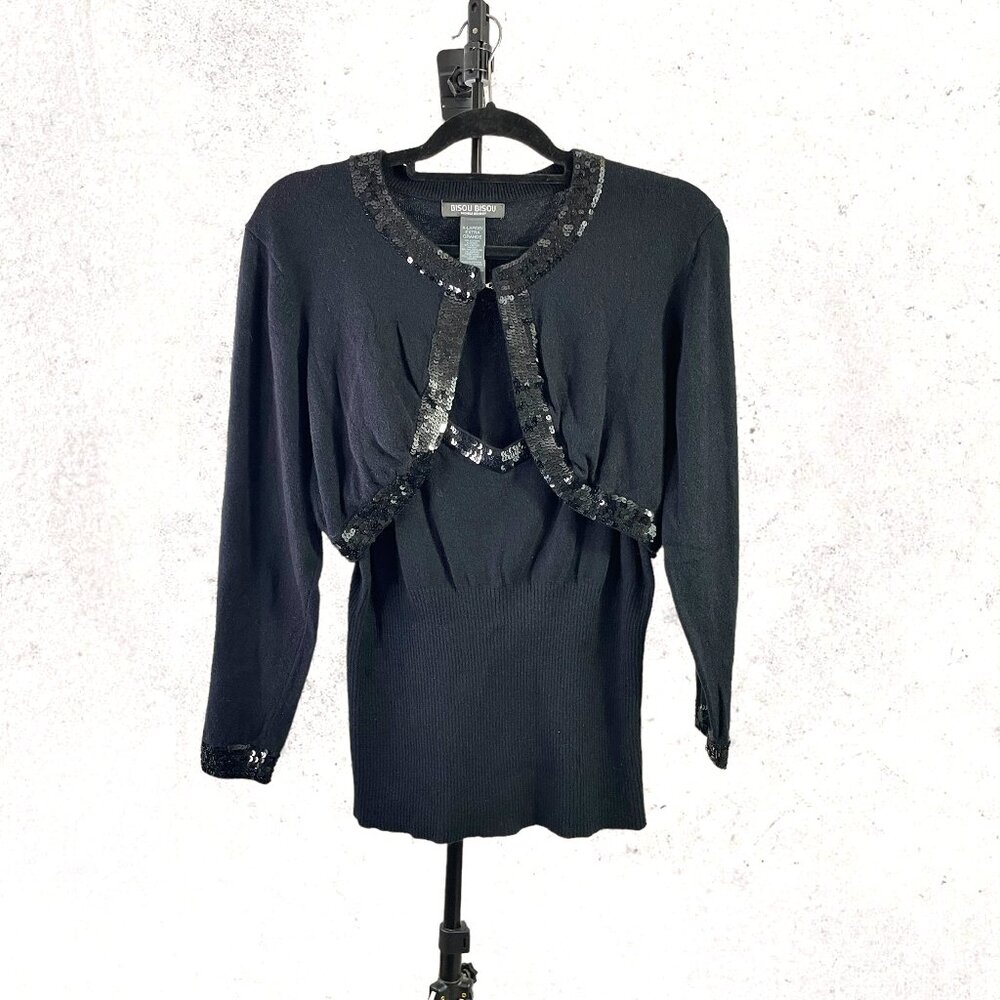 Bisou Bisou Womens Black Sequined V-neck Halter Top Cropped Sweater Set Size XL
